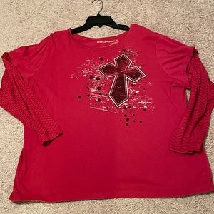 Like new plus sz women’s 3X red Shirt with cross long sleeves cute